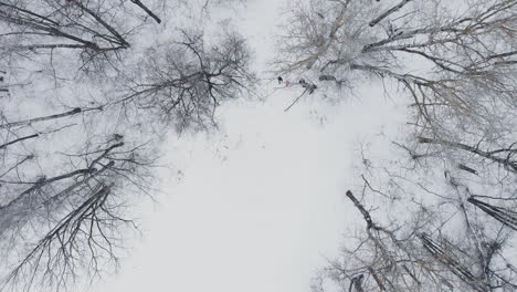 Aerial:-Man-and-woman-running-through-woods-in-winter-time